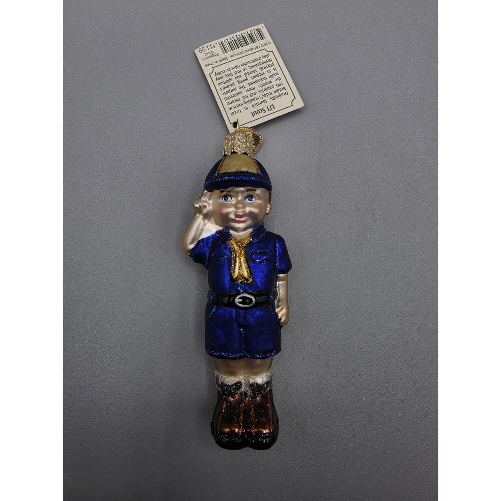 Old World Christmas Lil Scout Boy Scout Salute Ornament Blue Uniform 2012 Glass